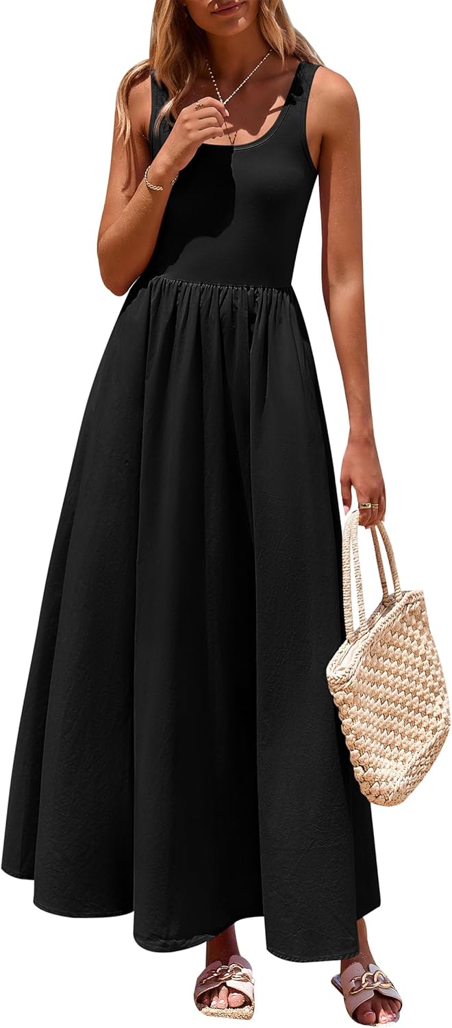 PRETTYGARDEN Womens Summer Casual Scoop Neck Sleeveless Long Dresses Tank Top Patchwork Aline Swing Maxi Dress with Pockets