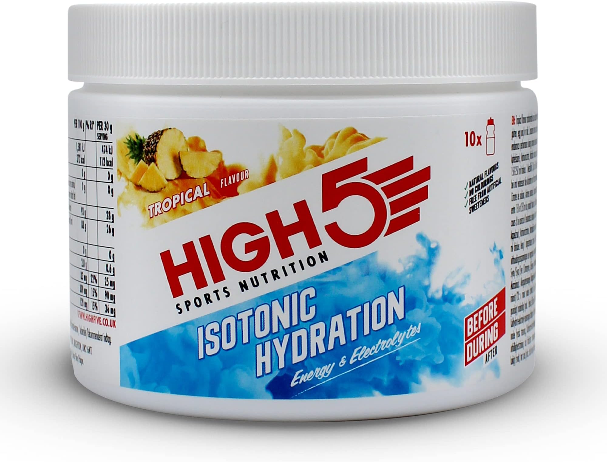 HIGH5 Hydration Energy Drink Powder | Isotonic Electrolyte Hydration | 28 g Carbs | 25mg Magnesium | Added Postbiotics | Zero Fat | (Tropical, 300g)