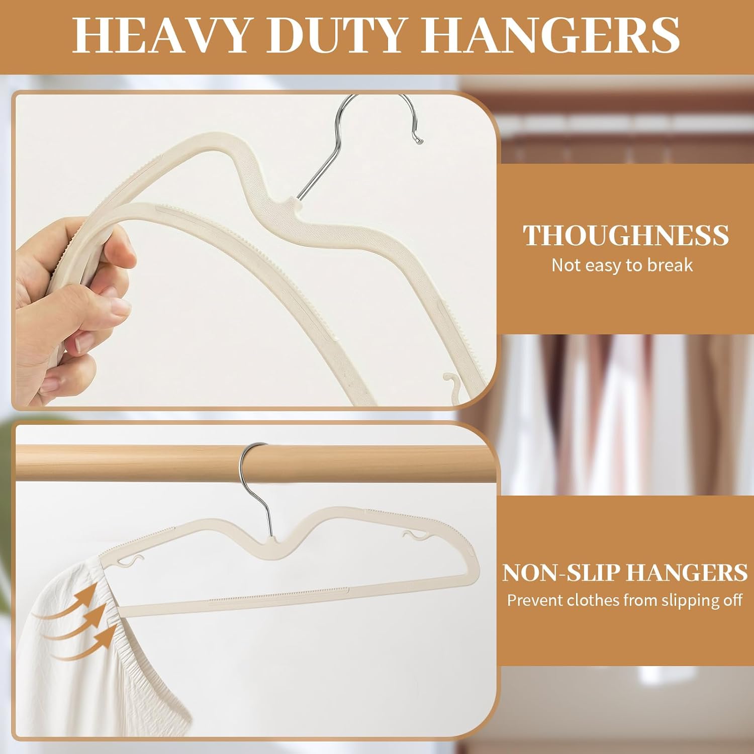 LemonRoad 50 Pack Upgraded Plastic Short Neck Hangers, Anti-Slip Space Saving Hangers with 360 Swivel Hooks for Shirt Clothes Jackets Dresses, Smooth, Not Velvet (Warm Beige)