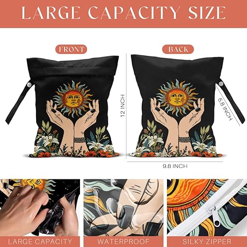 Miniatura 5 de Paquete de 4 bolsas húmedas bohemias para regalo de bruja, impermeable, reutilizable, para traje de baño, pañal, sol, luna, estrella, mariposa,
