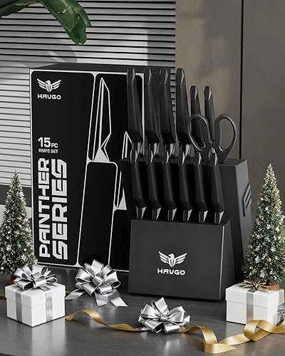 Miniatura 7 de Juego de cuchillos de cocina de 15 piezas con afilador integrado, cuchillos de cocina aptos para lavavajillas, juego de bloques de cuchillos de
