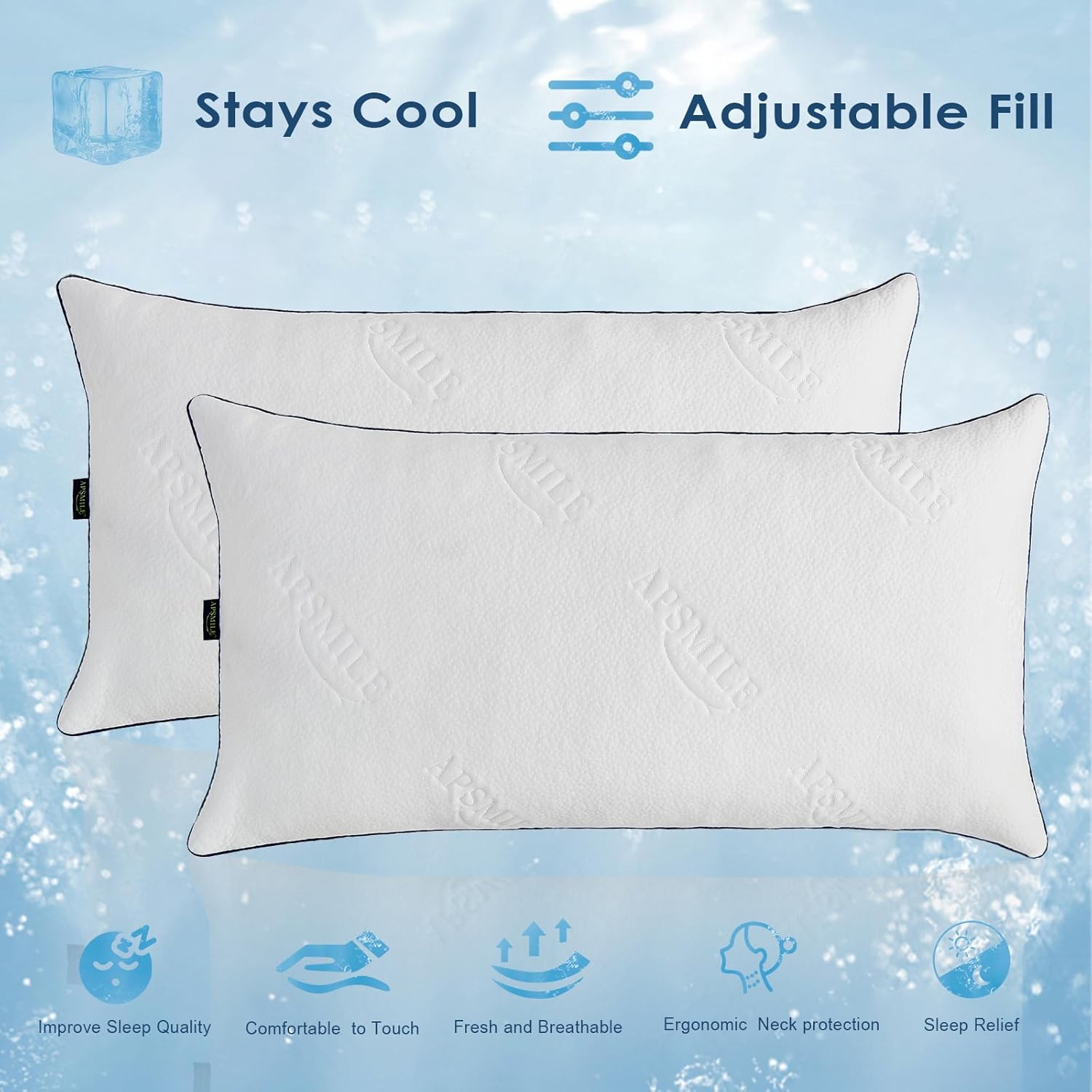 APSMILE Adjustable Shredded Memory Foam Pillows, Luxury Cooling Pillows for Neck Pain, Hotel Bed Pillows for Sleeping, Essentials King Size Pillows for Side/Back Sleeper (White,18"x34")