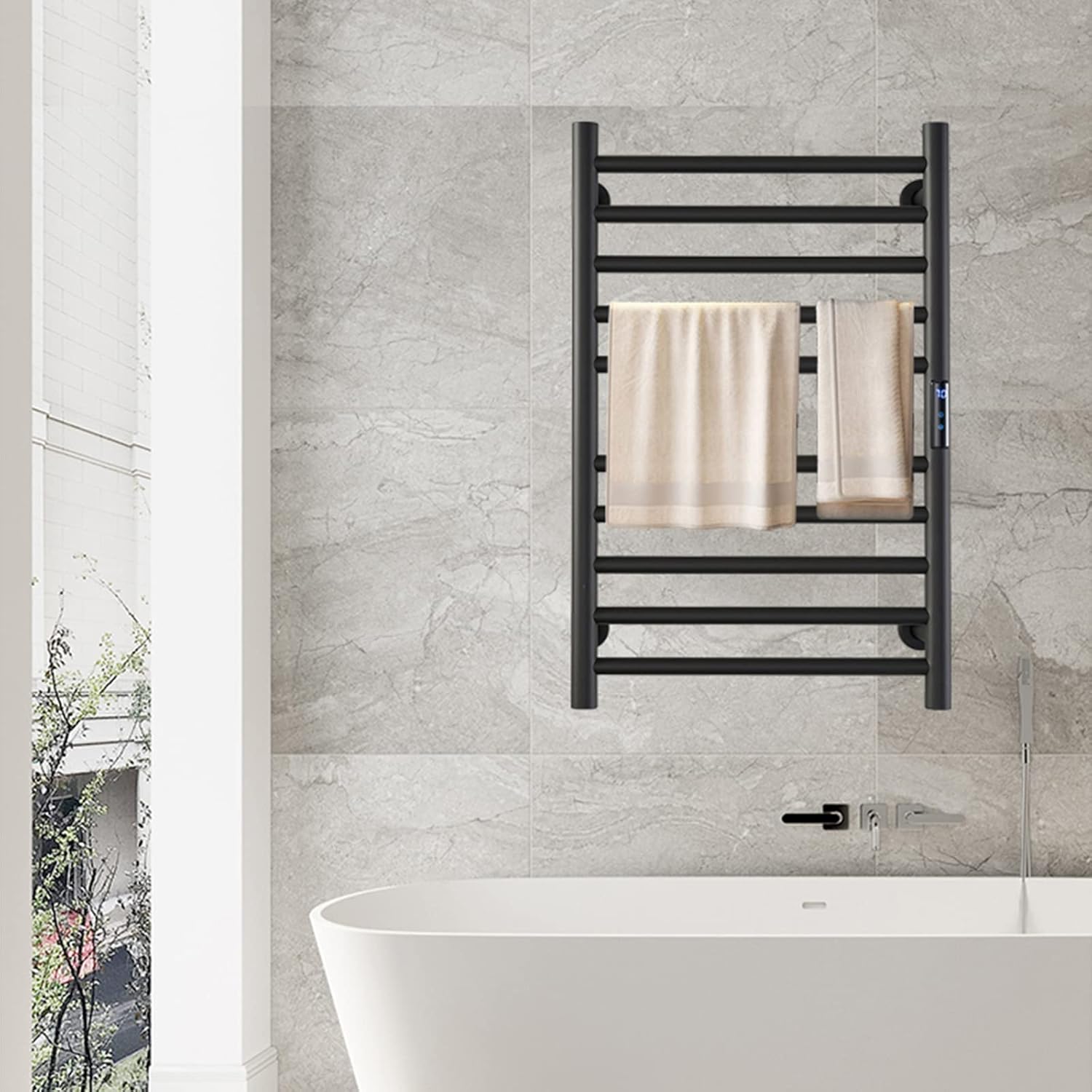 Black, Wall Mounted Bathroom Electric Heated Towel Rack with Adjustable Temperature and Time, 304 Stainless Steel Heated Towel Rail Radiator (Hardwired)