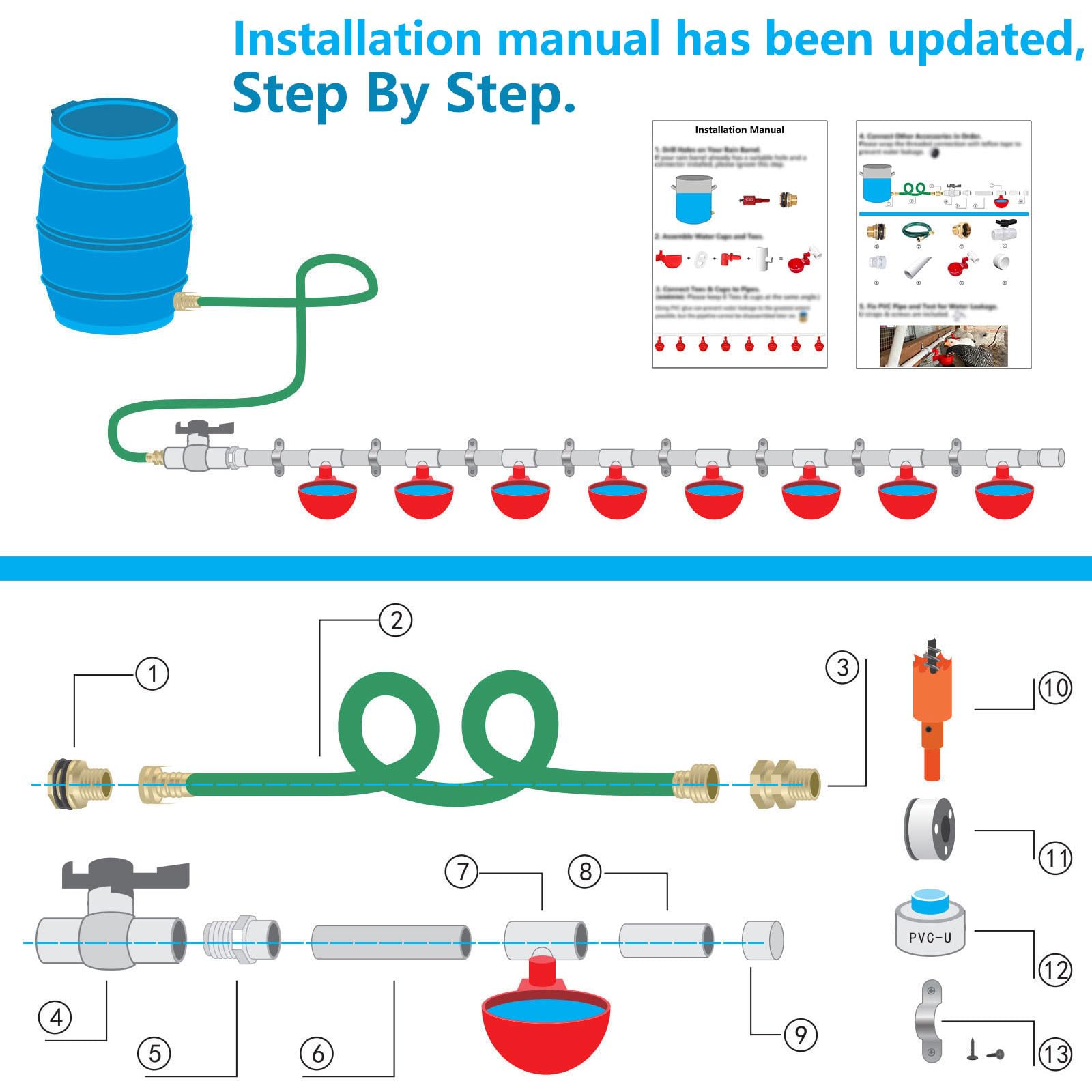 Sistema automático de riego de Pollo con Tubo de PVC de 1,27 cm y Kit de Conector de Manguera, a Prueba de Fugas y fácil de Montar, Compatible con Tanques de Agua