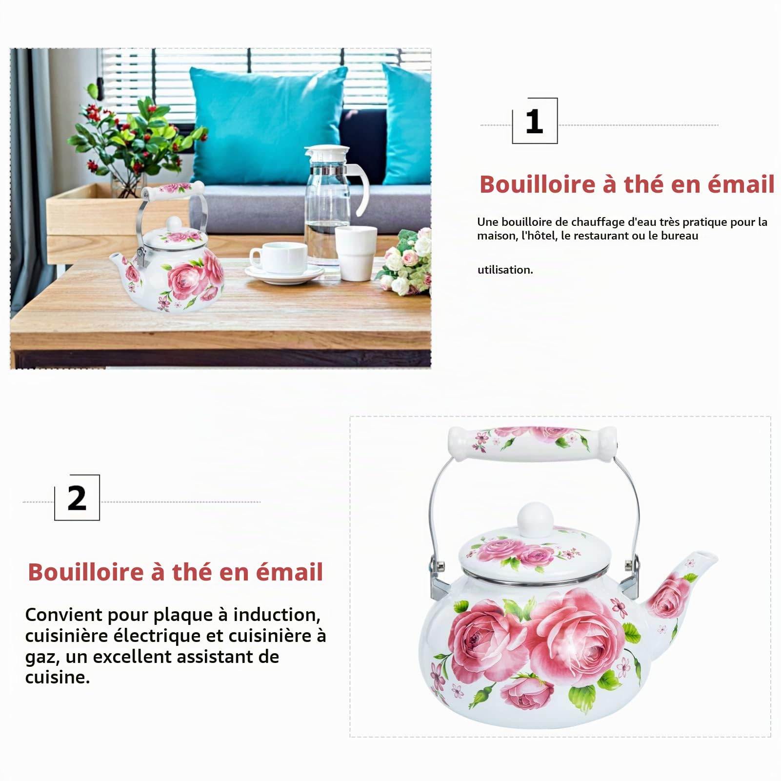 Vaguelly Théière Émaillée 2.5L - Bouilloire À Thé En Émail Compatible Induction Avec Poignée Confortable - Parfaite Pour Maison Bureau Hôtel