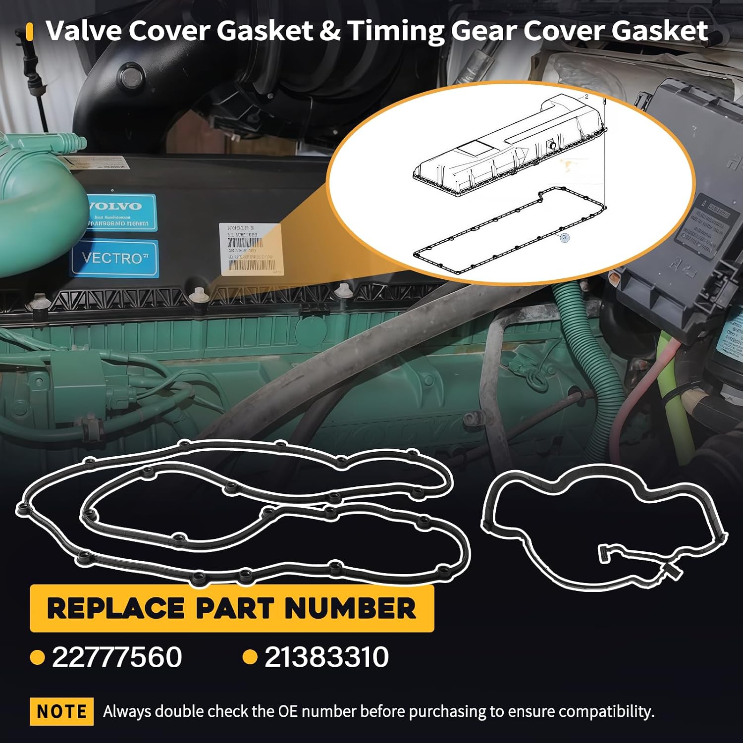 2 Sets Valve Cover Spacer Gasket and Timing Gear Cover Gasket 4PCS Fit for Volvo D13 Engine Fit for Mack MP8 Engine Spacer Plate Oil Seal Kit Replaces 22777560 21383310 831128