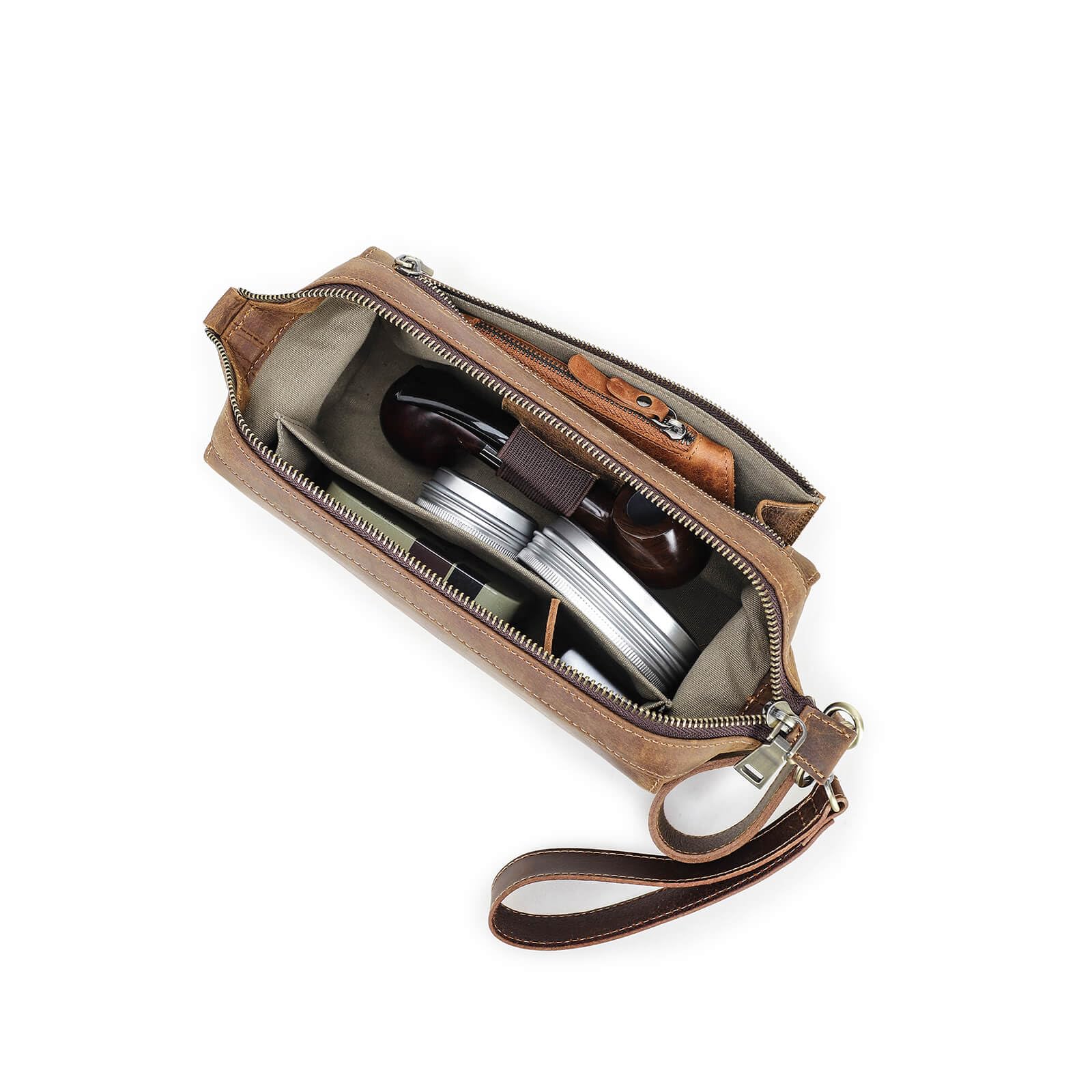 Hiram Handmade Leather Tobacco Smoking Pipe Pouch with Pipe Stand, Travel Pipe Storage Case Organizer for 2 Pipes, Lighter, Cigarette and Other Accessories