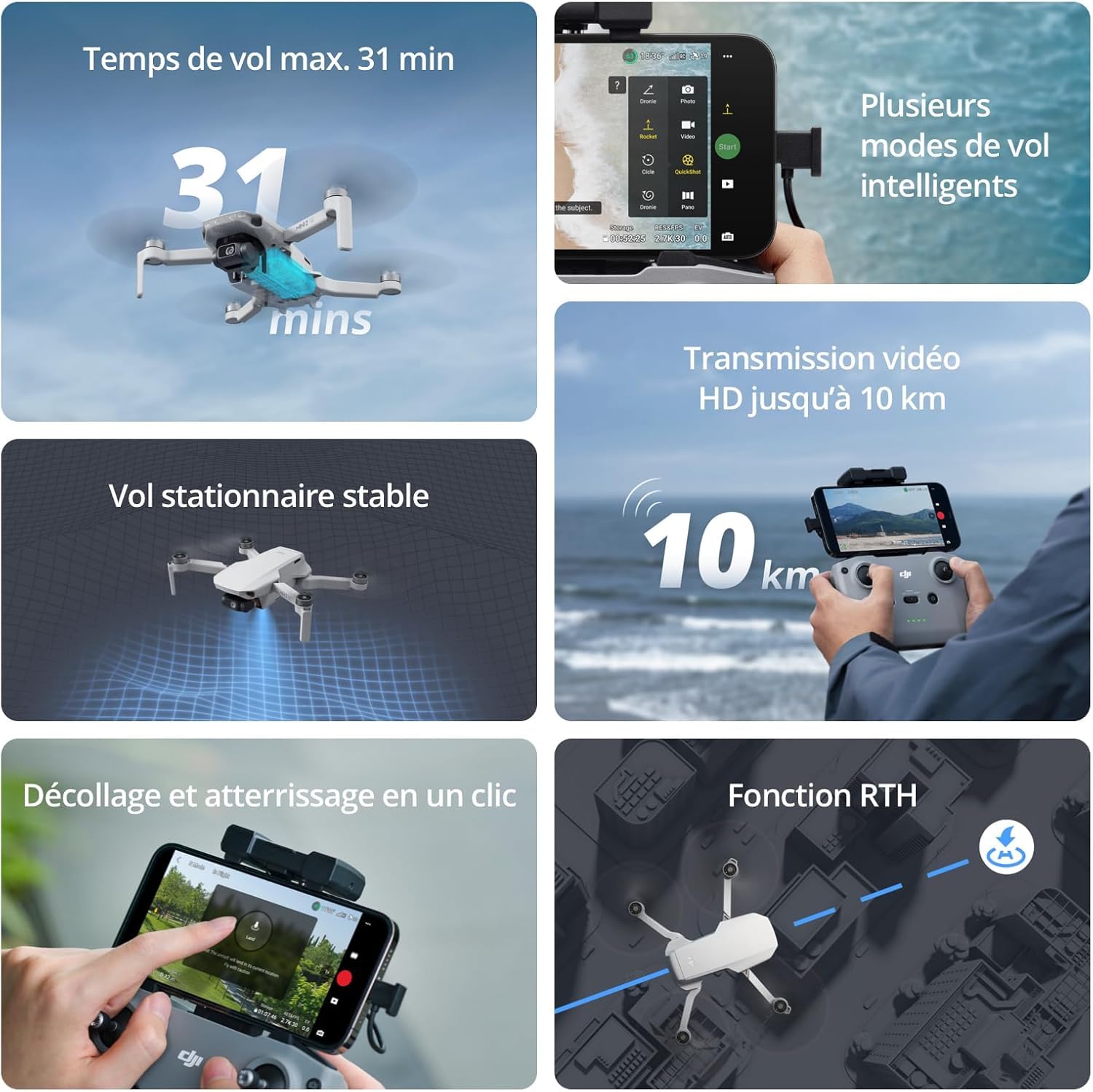 DJI Mini 2 SE, Mini drone caméra pliable, léger avec vidéo 2,7K, Modes intelligents, Transm. vidéo 10 km, Durée de vol 31 minutes, Moins de 249 g, Facile à utiliser, Tour de prise photos, C0