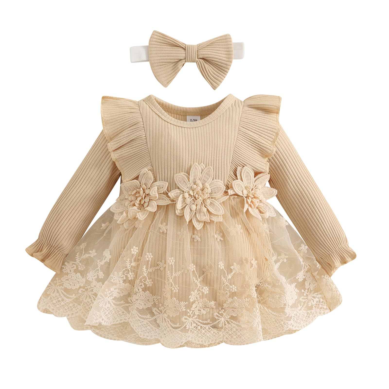 Baby Girl Romper Dress Baby Dress Romper Lace Flowers Infant Fall Winter Festival Clothes with Headband