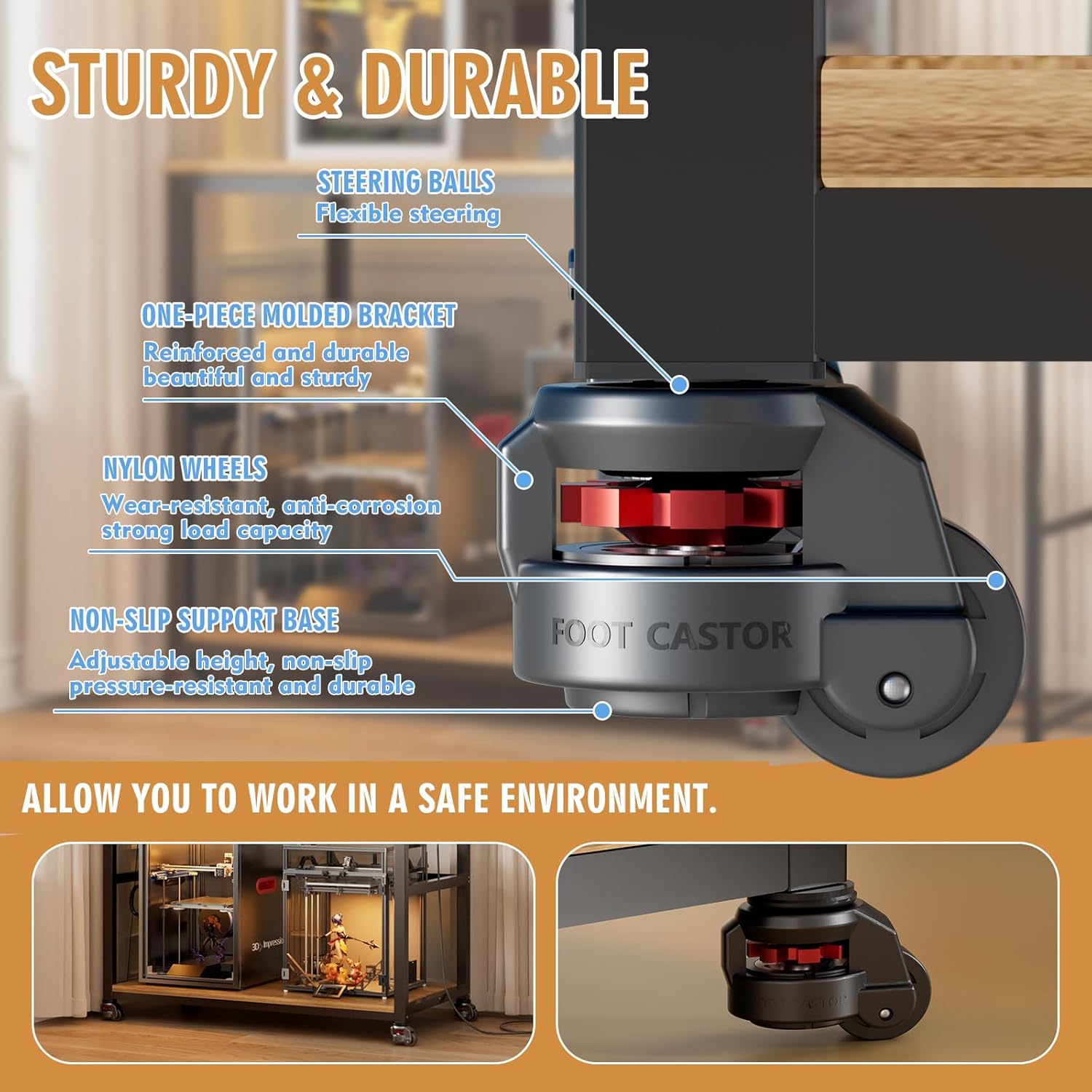 3D Printer Stand with Filament Storage Workstation, Large Mobile 3D Printer Workbench with AC/USB Power Hub and LED Lights, Heavy Duty Printer Desk with Pegboard for Studio Garage,Brown,Big