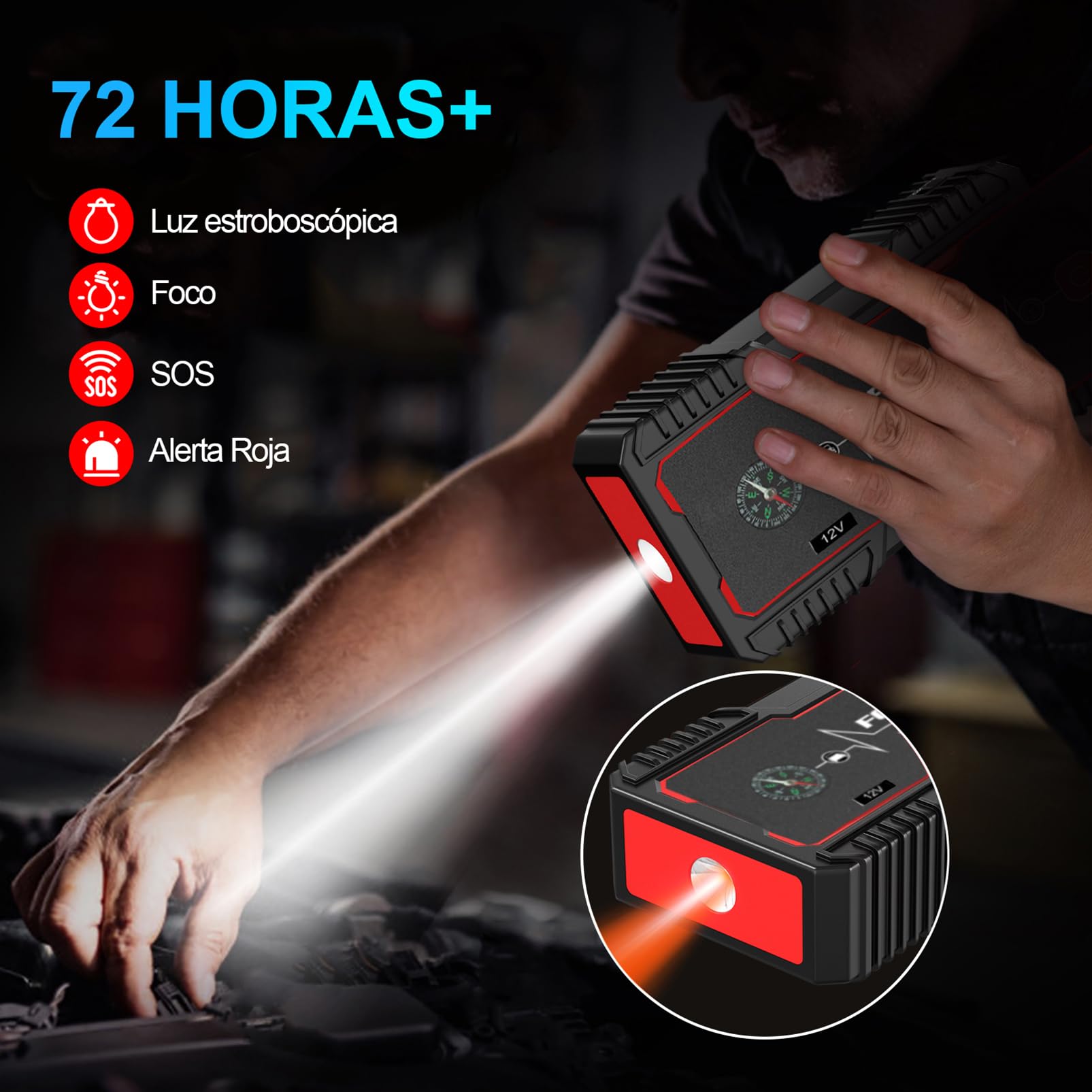 FOWAWU Arrancador de Coches,25800mAh 5000A Arrancador de Baterias de Coche(para 10L de Gasolina o 8.0L de Diésel), con Carga Rápida QC3.0,Linterna LED, DC 12V,Brújula,Garantía de 2 años(Negro)