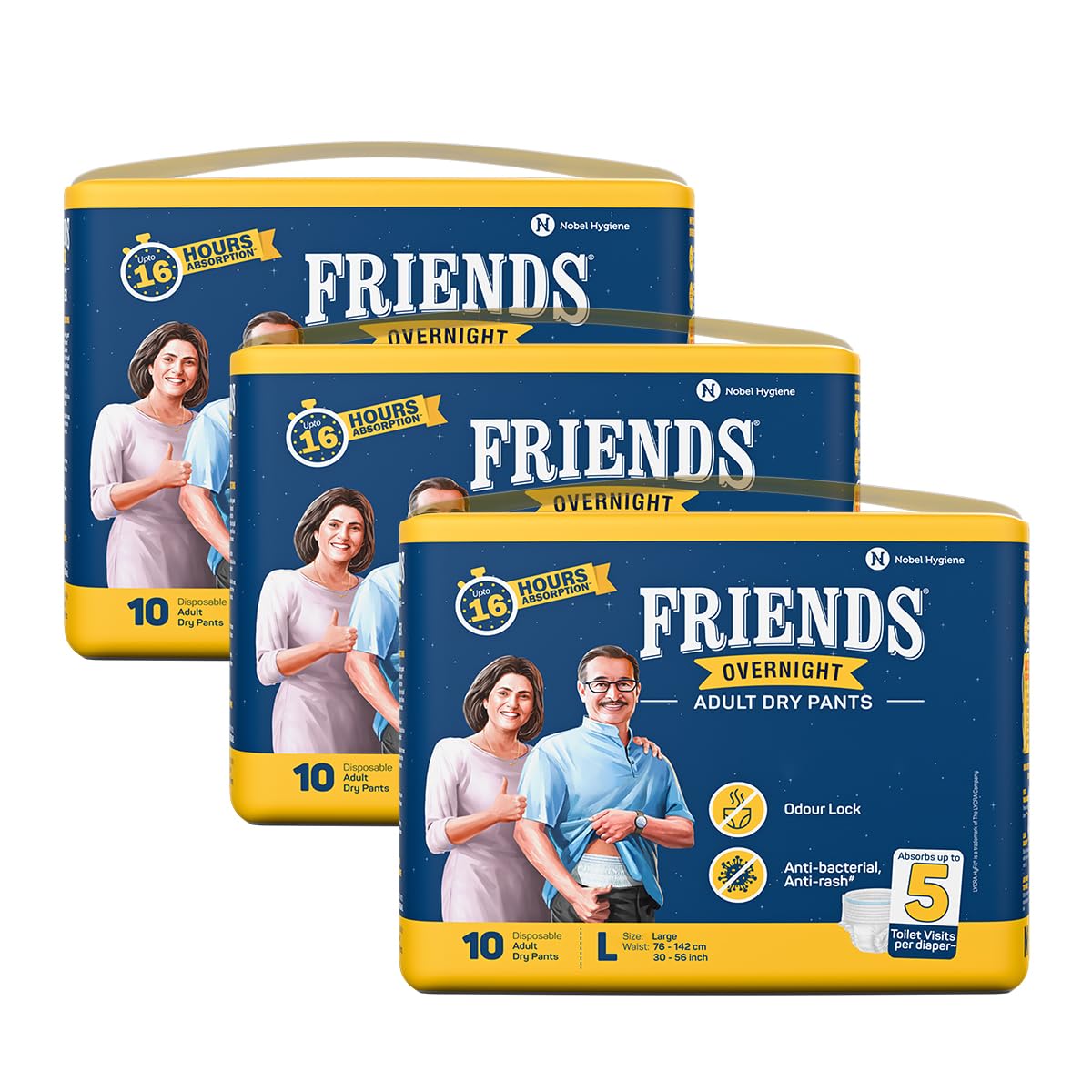Friends Overnight Adult Diaper L Size Pants | 30 Count (Large) | Waist 30-56 inch | 16 Hrs Protection | Leakproof | Quick & Even Absorption | Unisex | Anti-Rash | Odour Lock | Superior Softness | Elastic Waist & Anti-Bacterial Absorbent Core