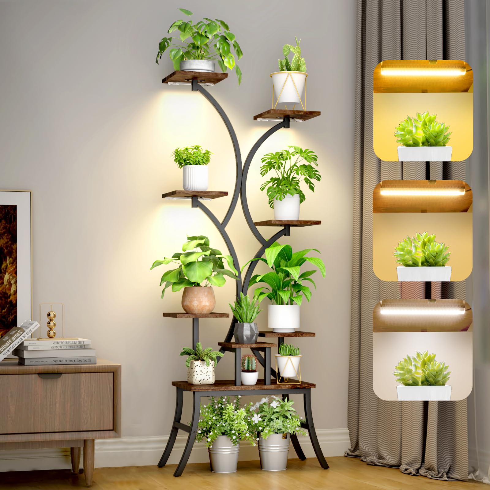 Support pour plantes d'intérieur avec lampes de croissance,étagère haute à 8 niveaux,160cm présentoir d'angle en métal pour fleurs support pour plantes pour terrasse