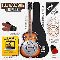 Vista 5 de Pyle Resophonic - Guitarra acústica eléctrica, 6 cuerdas Sunburst con preamplificador integrado, funda, accesorios