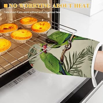 Couple Parrots Olive Oven Glove and Pot Holders for Kitchen, Personalized Oven Mitts with Hanging Loop, Non-Slip Hot Pads for Restaurant, Baking, Cooking, Grilling