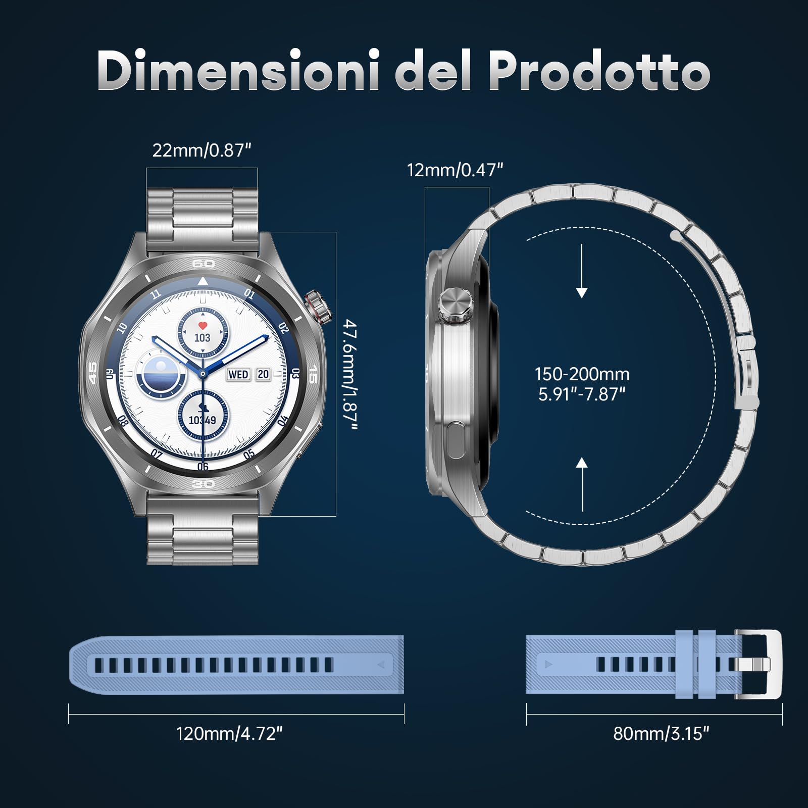 Orologio Smartwatch Uomo, 1,52'' Smart Watch Militare con Batteria 500 mAh/Impermeabile IP68/120+ Modalità Sport/Frequenza Cardiaca/SpO2/Sonno/Contapassi/2 Cinturini per Android iOS, Argento