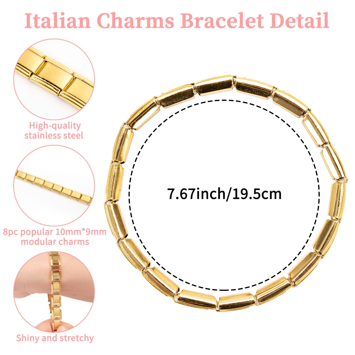 Kunoli Italienisches Charm-Armband 18 DIY Abnehmbare Module Edelstahl für 9mm Armbänder Damen