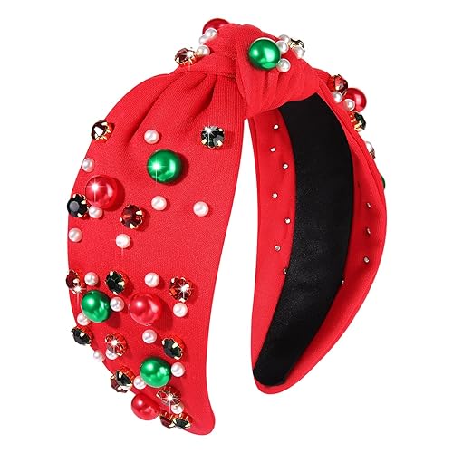 Diadema con nudo rojo de Navidad, diadema de perlas y joyas para mujer, elegante diadema de nudo ancho para mujer, regalo de fiesta de vacaciones