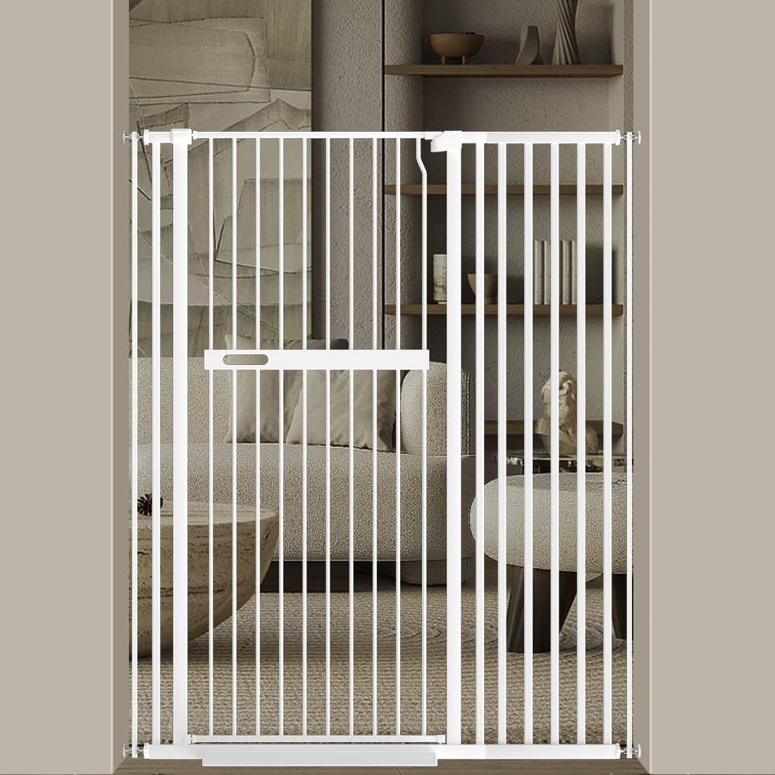 WAOWAO 55.11" Extra Tall Cat Pet Gate 40.35-42.91" Wide Pressure Mounted Walk Through Swing Auto Close Safety White Metal Kids Dog Pet Puppy Cat for Indoor Stairs,Doorways, Kitchen
