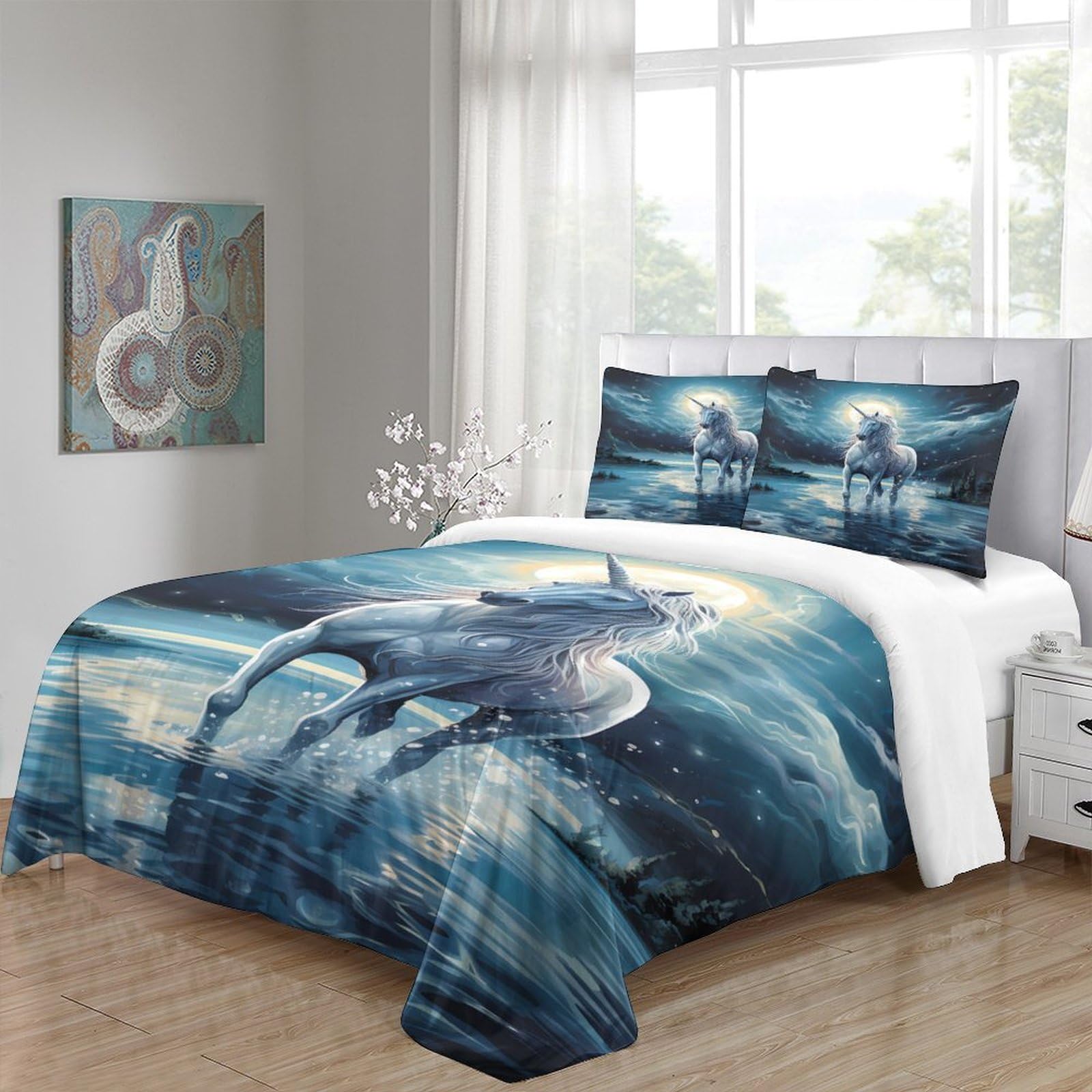 Fantasia di unicorno Impressione 3D 3 pz fodera per edredone Arte di creature mitiche coperteletto microfibra ipoallergenica antiacari per ragazzi uomini adulti Super king（260x220cm）