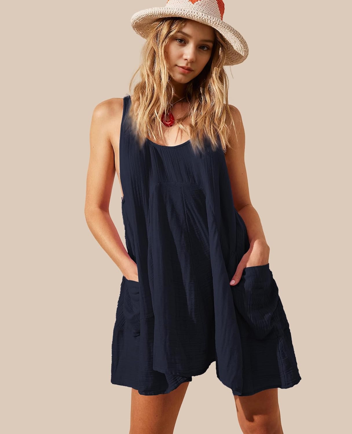 Womens Casual Summer Dresses Sleeveless Crew Neck Backless Tunic Mini Dress Loose Flowy Tank Sundress with Pocket(Navy,M) - Image 3