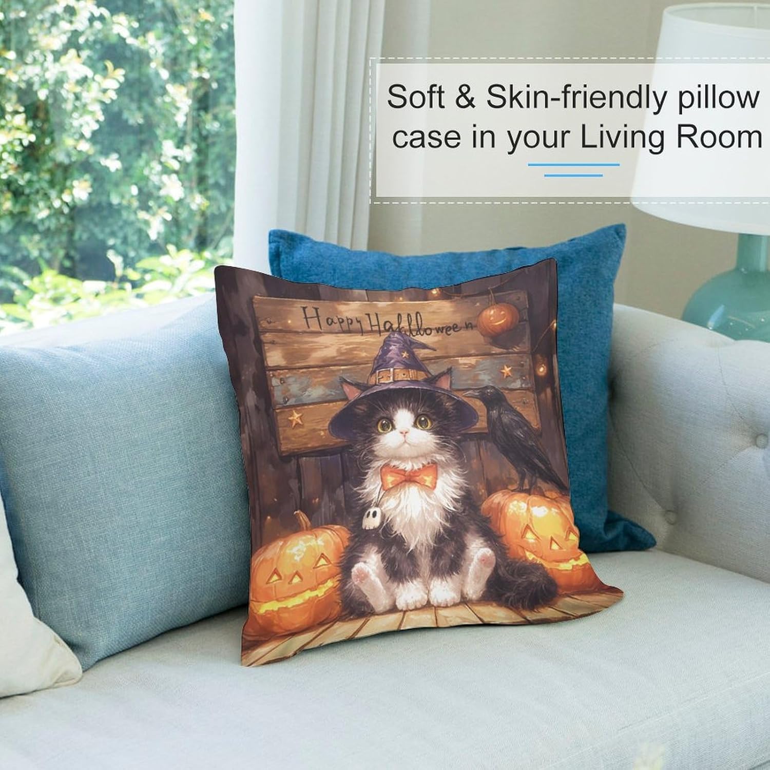 Pack of 4 Fall Cartoon Kitten Pumpkin Halloween Decorative Throw Pillow Covers 24 x 24 , Soft Square Cushion Case Pillow Cases Set for Farmhouse Home Couch Sofa Decor, Christmas Pillows Decorations