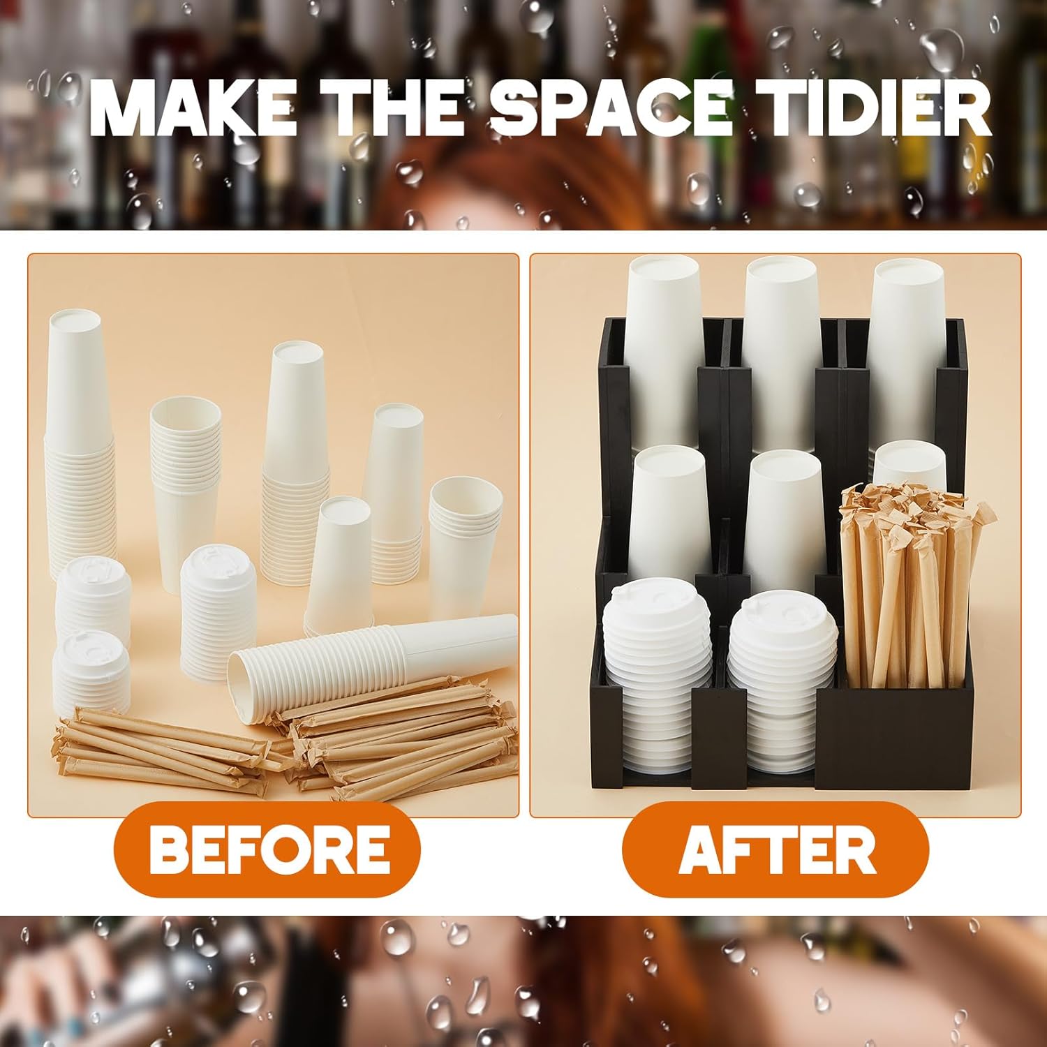 Wooden Vertical Coffee cup and lid dispenser, coffee condiment organizer, 9 Compartment for Disposable Paper & Plastic Cup, for cabinet Station Home Countertop Bar 13''l x 13''w x 12''h