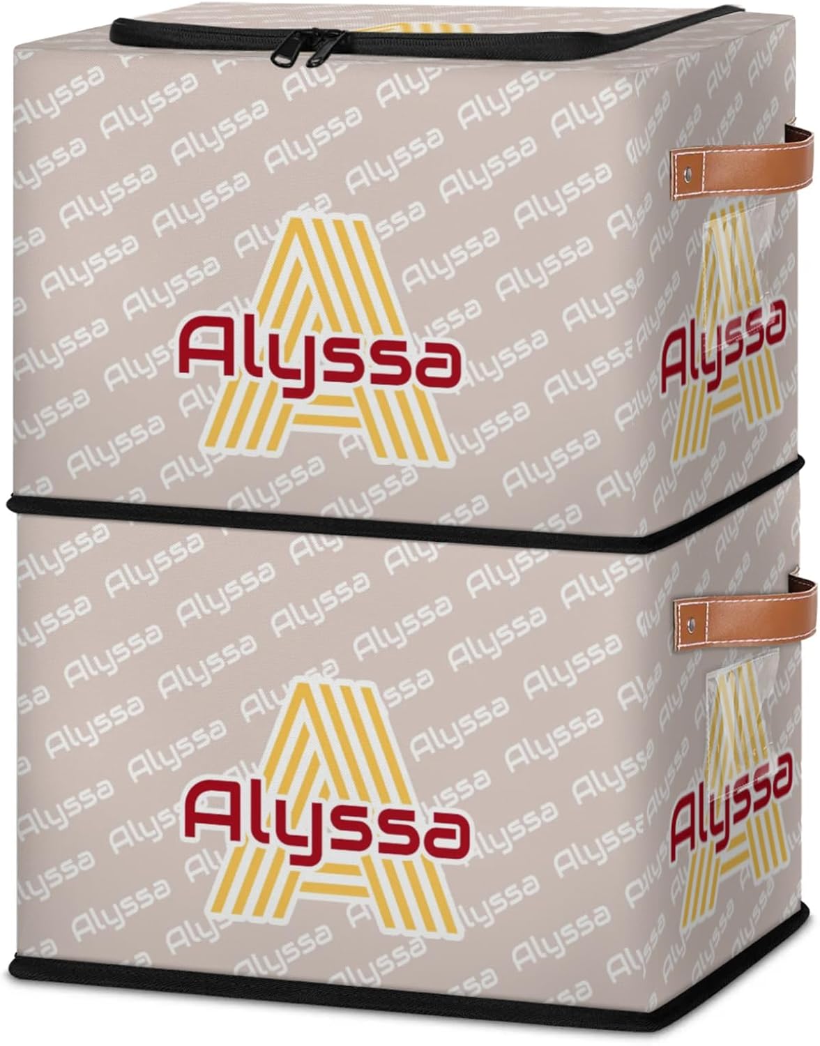 Personalized Storage Bins with Zipper Lid, Custom Name Fabric Storage Boxes, Yellow Red Foldable Closet Organizers Cubes for Clothes Shelves Home Decorative 2PCS
