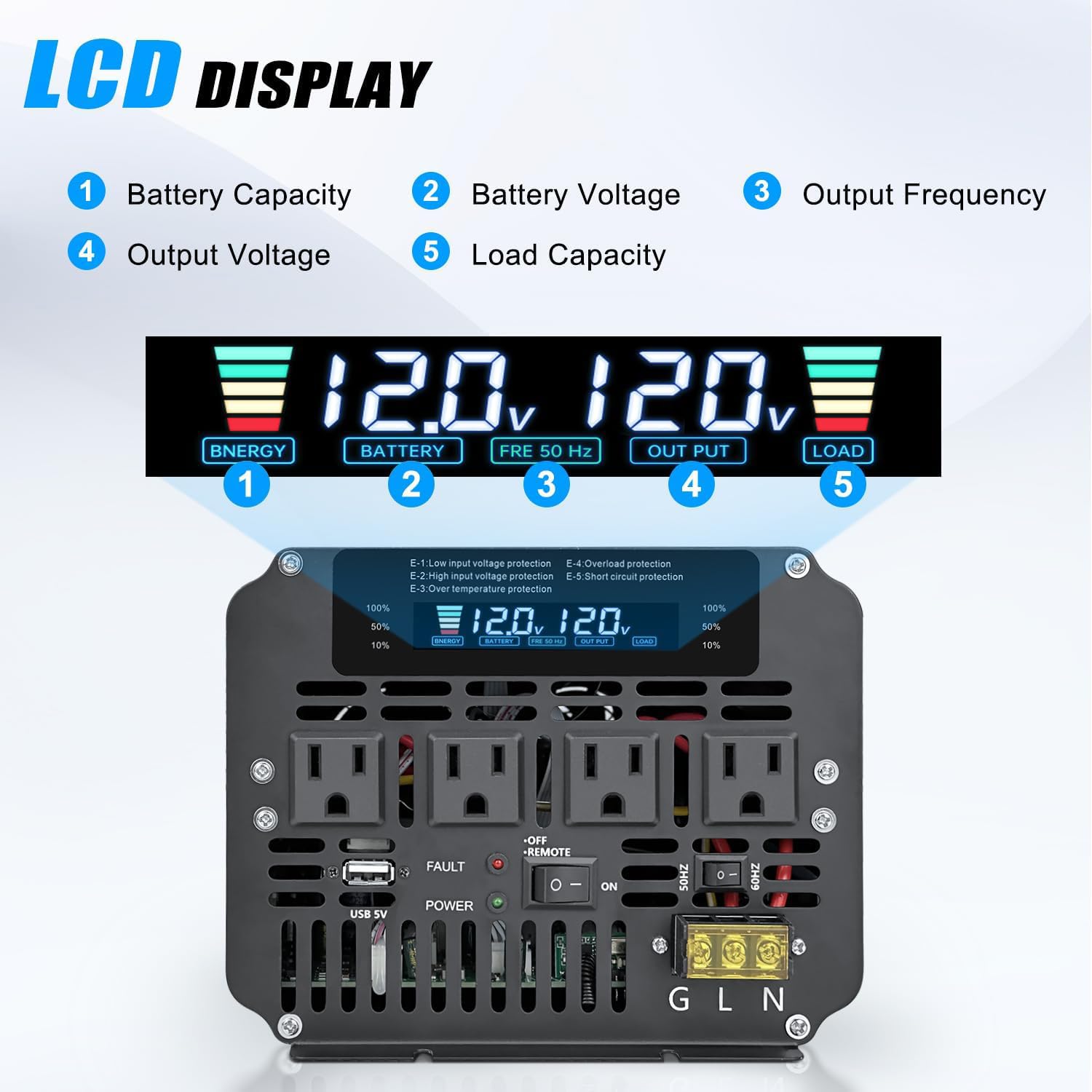 Cantonape 5000W Power Inverter 12V to 110V/120V DC to AC with LCD Display, Remote Controller and 4 x AC Outlets Car Adapter for Car Truck Boat RV Off Grid Solar System