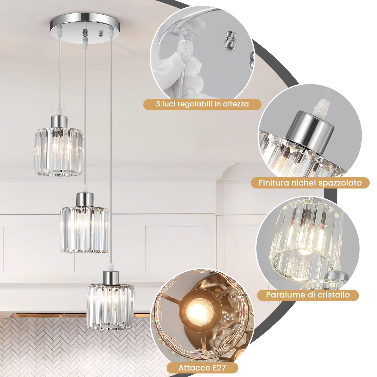 Lampadario a sospensione cristallo 3 luci,Lampadari moderni cromo,E27 Lampadario Camera da letto,regolabile in altezza,Lampada per Soggiorno,Cucina,Bagno,Corridoio,Sala da Pranzo