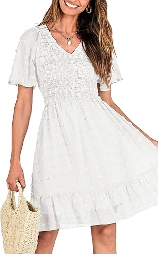 Miniatura 5 de BTFBM - Vestido de vacaciones en la playa para mujer, cuello en V, manga corta, fruncido, plumetí, casual, con volantes,vestidos cortos para