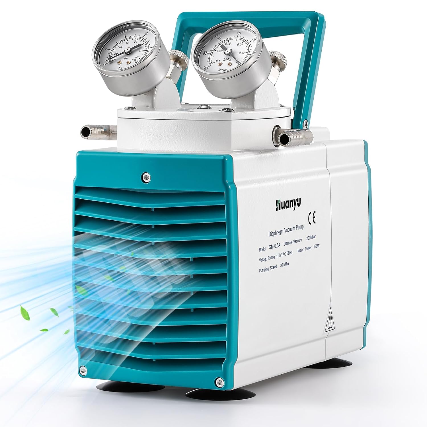 Huanyu Oilless Diaphragm Vacuum Pump 30L/min Chemical Resistant No Oil Laboratory Vacuum Filtration Extraction Distillation (110V, Single Pump, Anticorrosive, GM-0.5A Blue)