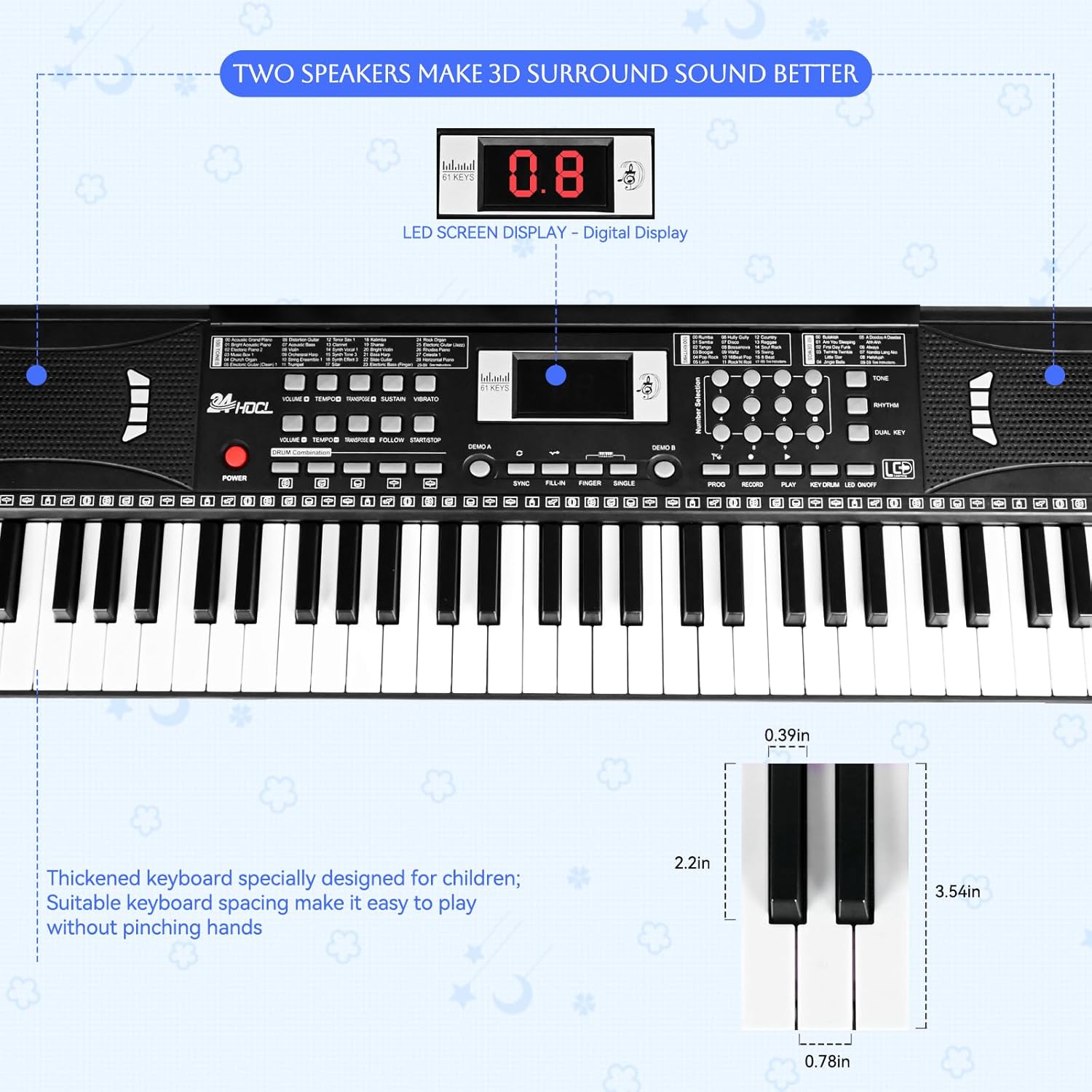 Close-up of the keyboard's LED screen displaying '0.8' and highlighting the dual speakers for 3D surround sound.