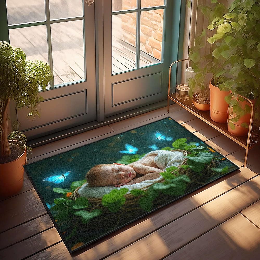 Paillasson unique pour décoration d'intérieur au motif de bébé et papillons magiques