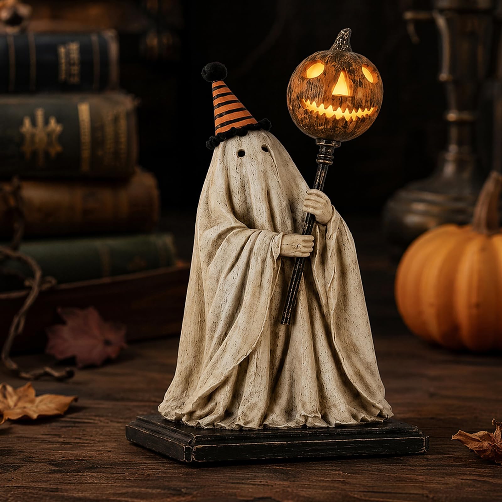 Lighted Vintage Ghost Figurine w/Glowing Pumpkin Staff Resin Spooky Decor