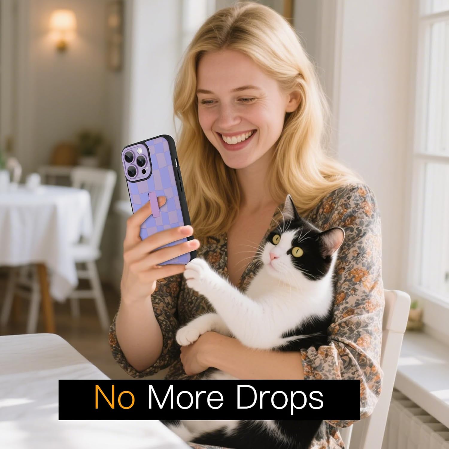 SOKAD for iPhone 14 Pro Max Case with Finger Strap Kickstand, Cute Checkered Checkerboard Phone Case with Finger Hand for Women Men, Slim Full Camera Protection Shockproof Case Cover, Purple - Image 6