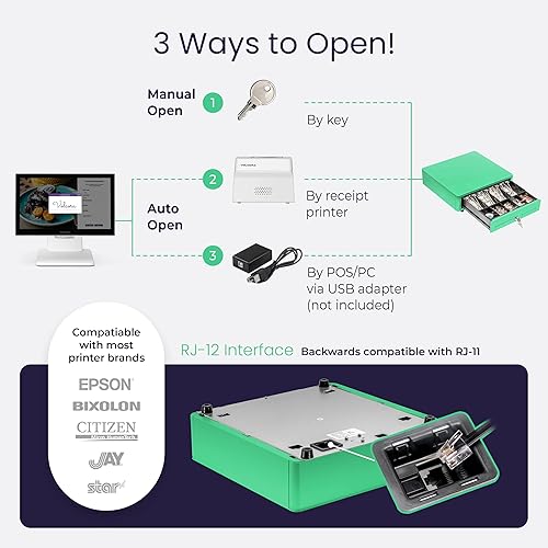 Miniatura 4 de Volcora Cajón de caja registradora para sistema de punto de venta (POS) con esquina redonda de 13 pulgadas, bandeja extraíble para monedas, 4