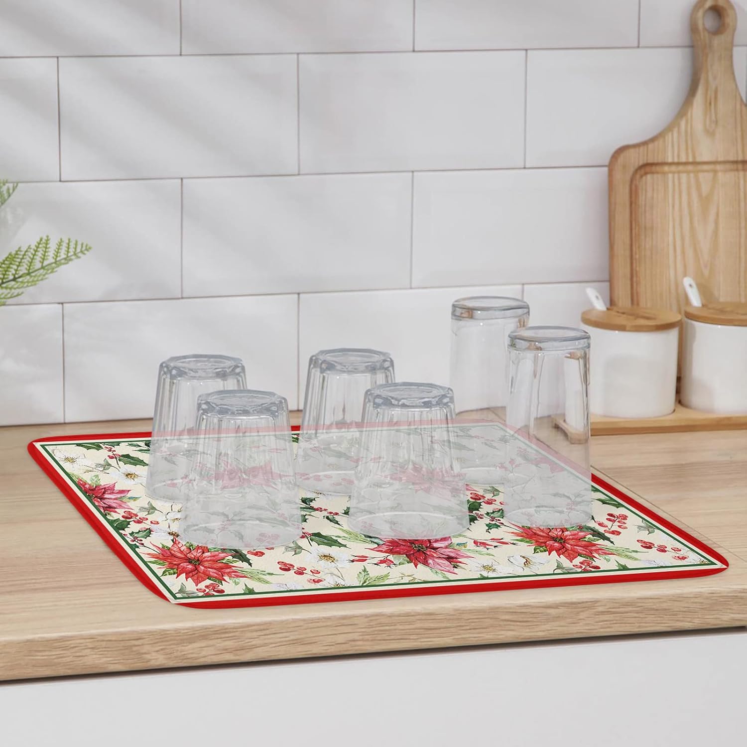 Christmas Bird Dish Drying Mat for Kitchen Counter, Poinsettia Black Red Plaid Absorbent Reversible Dish Drainer Rack Mats for Coffee Bar Mats 18''x24'' 2 PCS