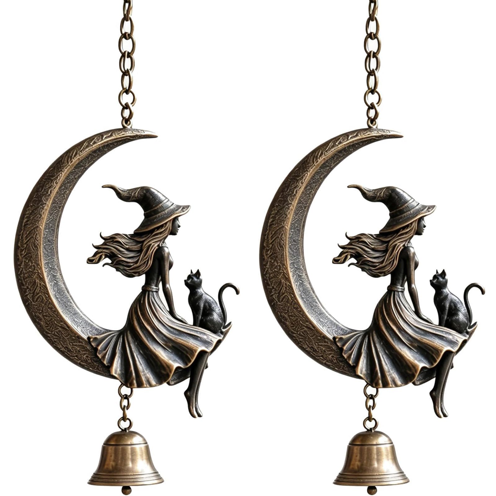 Witch Moon Wind Chime with Black Cat, Gothic Resin Halloween Bell, Witch On The Crescent Moon Hanging Bell for Home Garden Patio Mystical Witchy Ornament (2pcs)