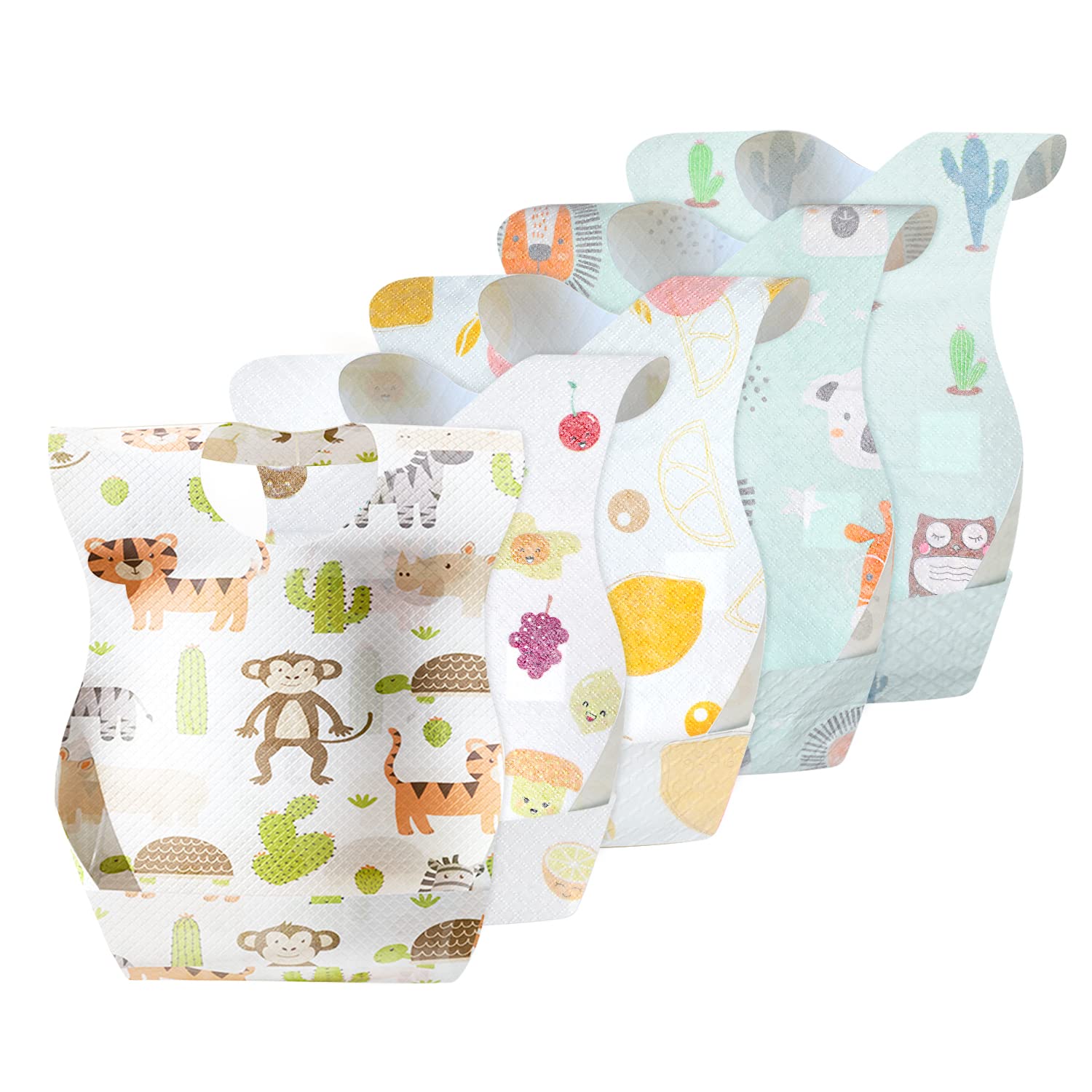 Yoassi 50PCS Bavoirs Jetables pour BéBé, Protection de Vêtements pour les Repas, le Voyage, Compatible pour Garçons et Filles de 0-3 ans avec 5 Modèles