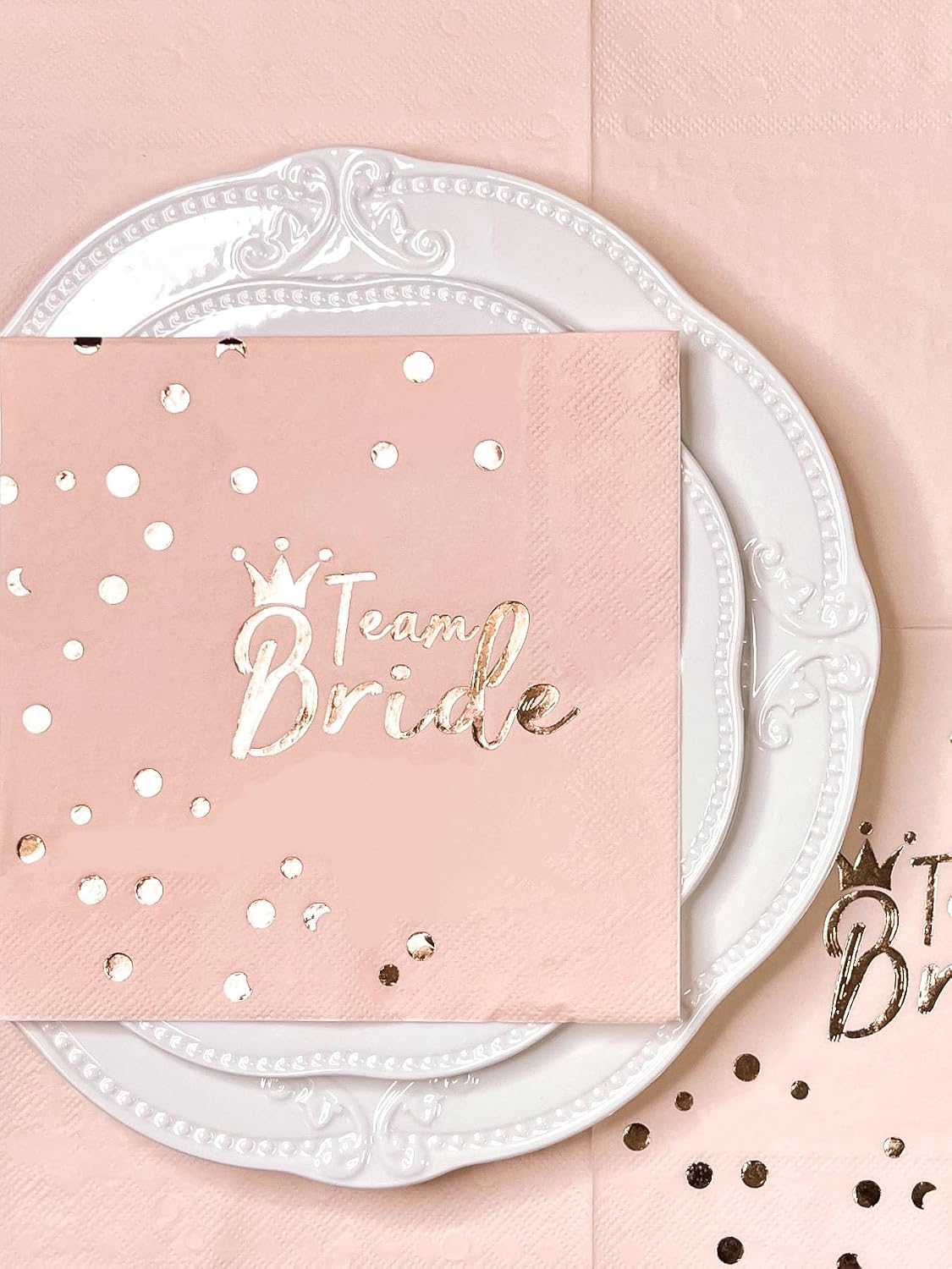 WRAPAHOLIC 25Pcs Team Bride Party Napkins - 2-Ply Rose Gold Team Bride Disposable Paper Luncheon Napkin for Engagement Bridal Wedding Party Supplies Tableware - 6.5 x 6.5 In