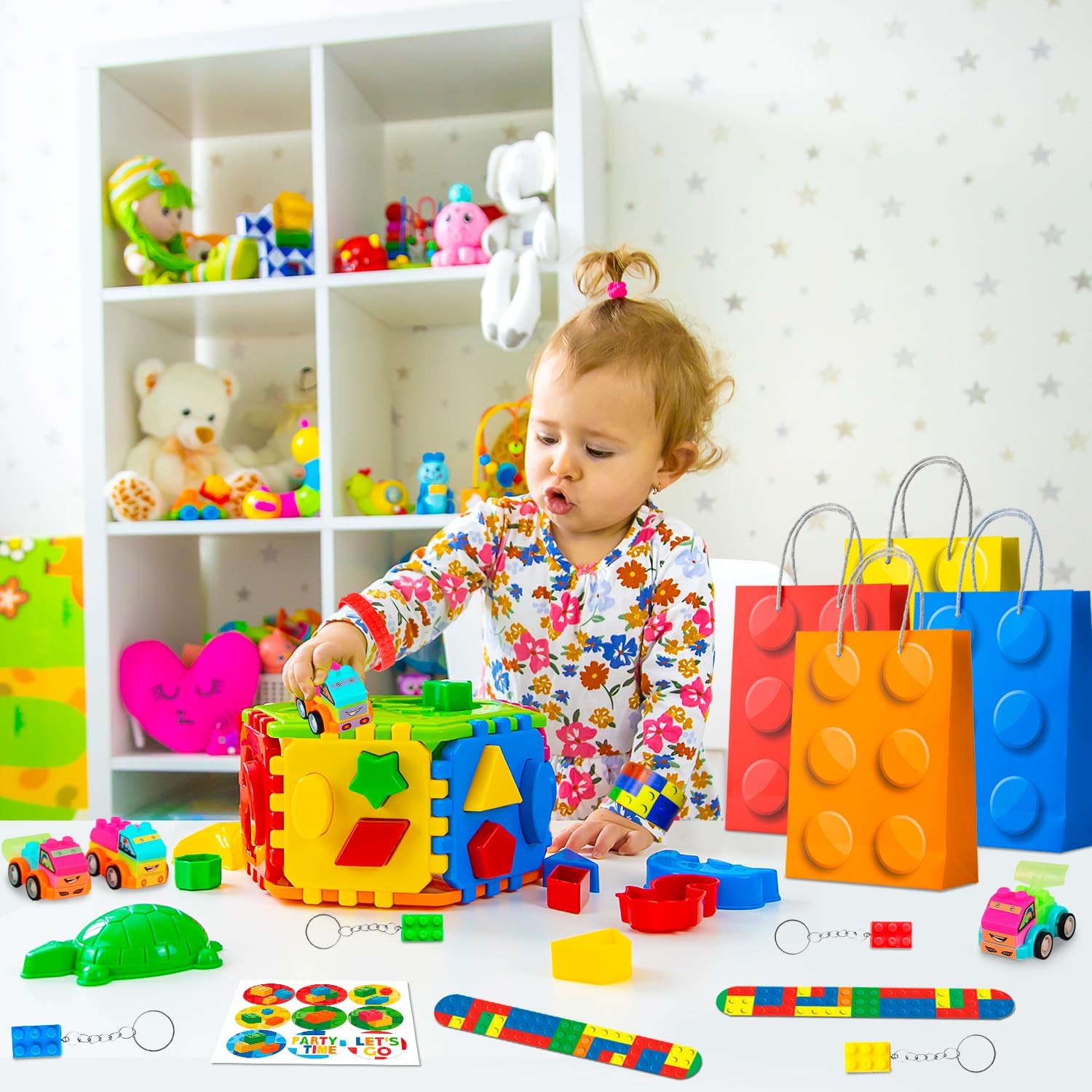 62 Pcs Building Block Birthday Party Favors, Building Blocks Birthday Party Favor Bags Keychains Bracelets etc Building Block Party Decorations