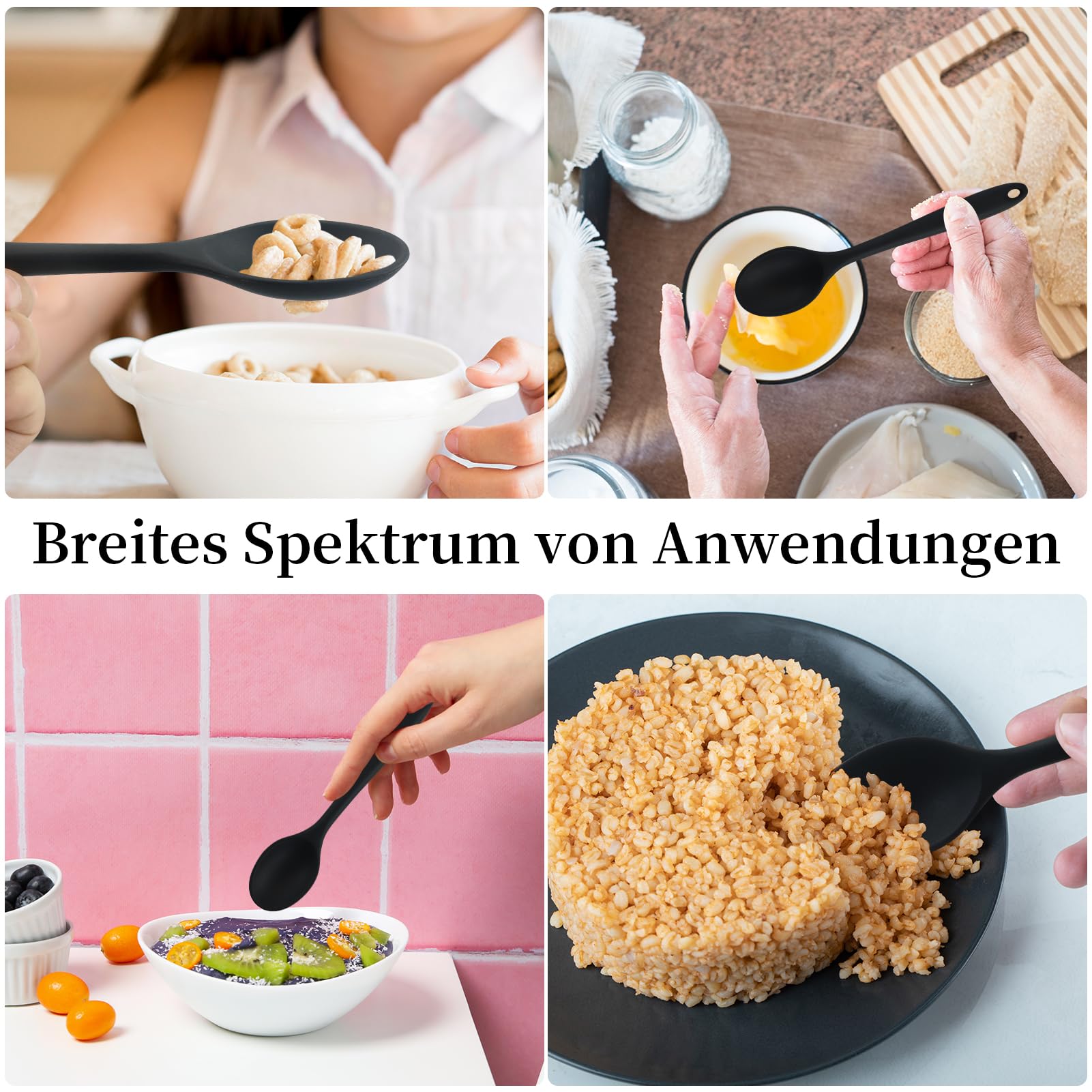 Set Di 4 Cucchiai In Silicone Nero Con Ganci - Antiaderenti, Per Cucinare, Cuocere Al Forno E Mescolare