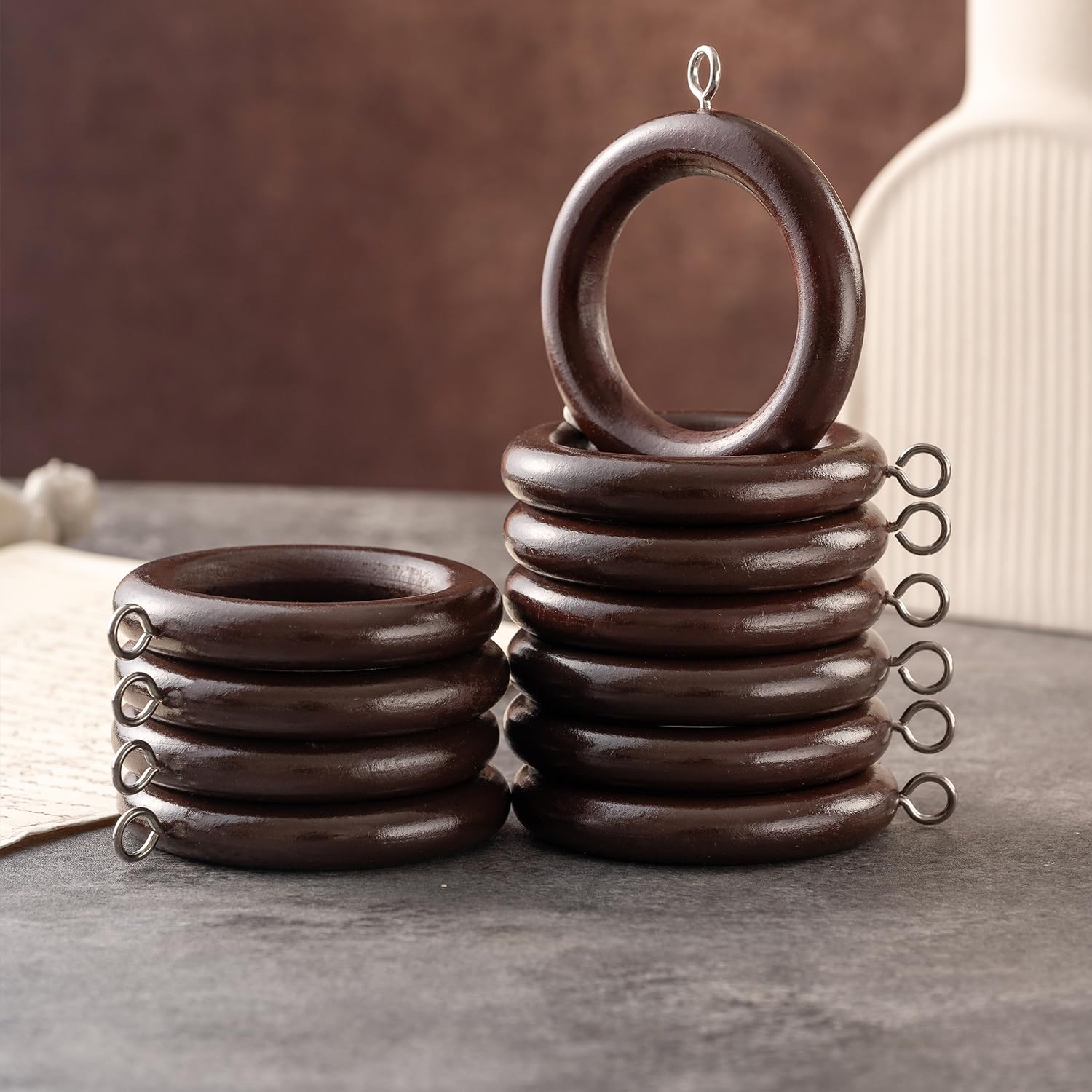 Natural Brown Beechwood Curtain Rings with Clips, 2.76" Outer/1.77" Inner Diameter for 1.1-1.6 Inch Rods, Rustic Farmhouse Drapery Rings, Smooth Finish for Home Decor (Pack of 24)