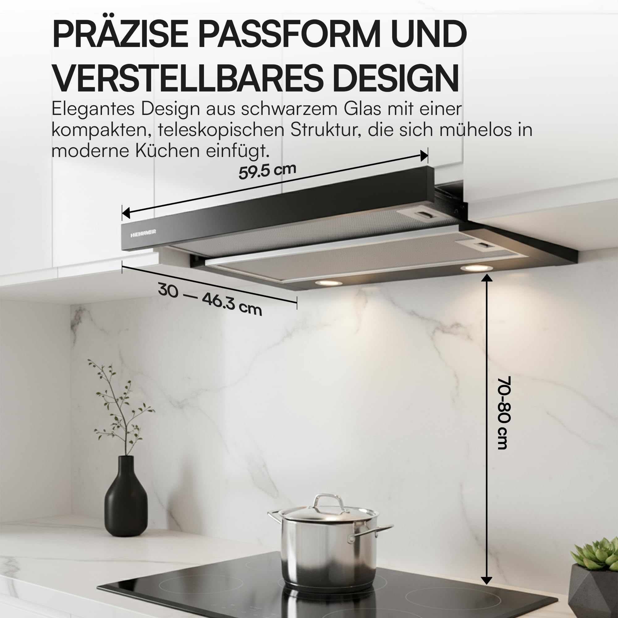 HTCH-F660GBK Einbauherd 60 cm Küchenabzugshaube 611,7 m³/h Absaugleistung LED-Beleuchtung Edelstahl-Finish