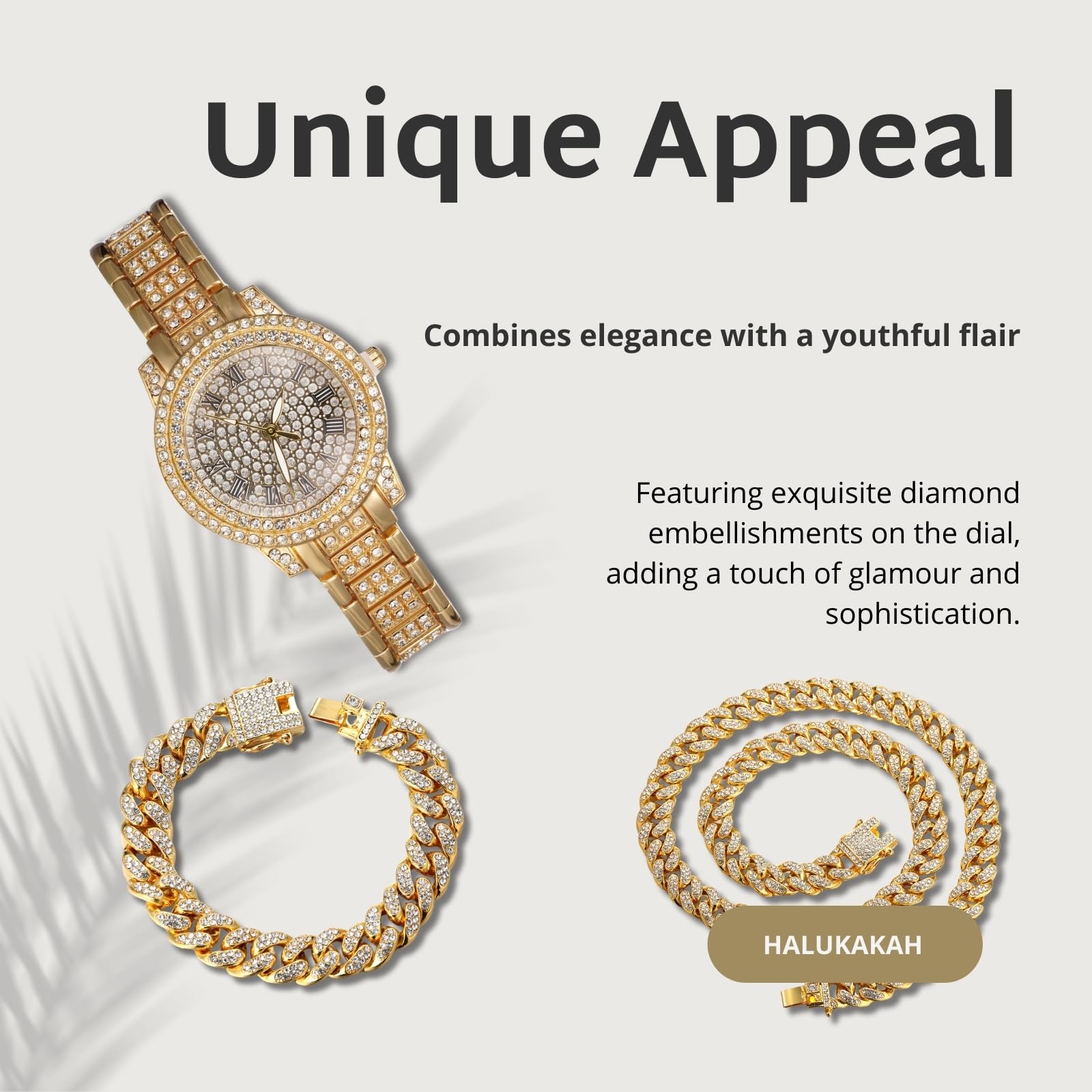 HALUKAKAH Orologio con Diamanti in Oro per Bambini - Placcato in Oro 18 Carati/Platino,Quadrante Tondo 32mm,Quarzo Giapponese - Lunghezza 19.5cm - Opzionale con Catena Cubana,con Strumento Regolatore
