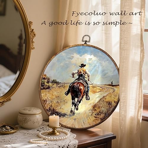 Miniatura 5 de HUGANE Rustic Western Cowboy Round Wall Art Decor, Retro Countryside Horse Riding Cowboy Western Hanging Canvas Framed Prints Wall Sculptures for