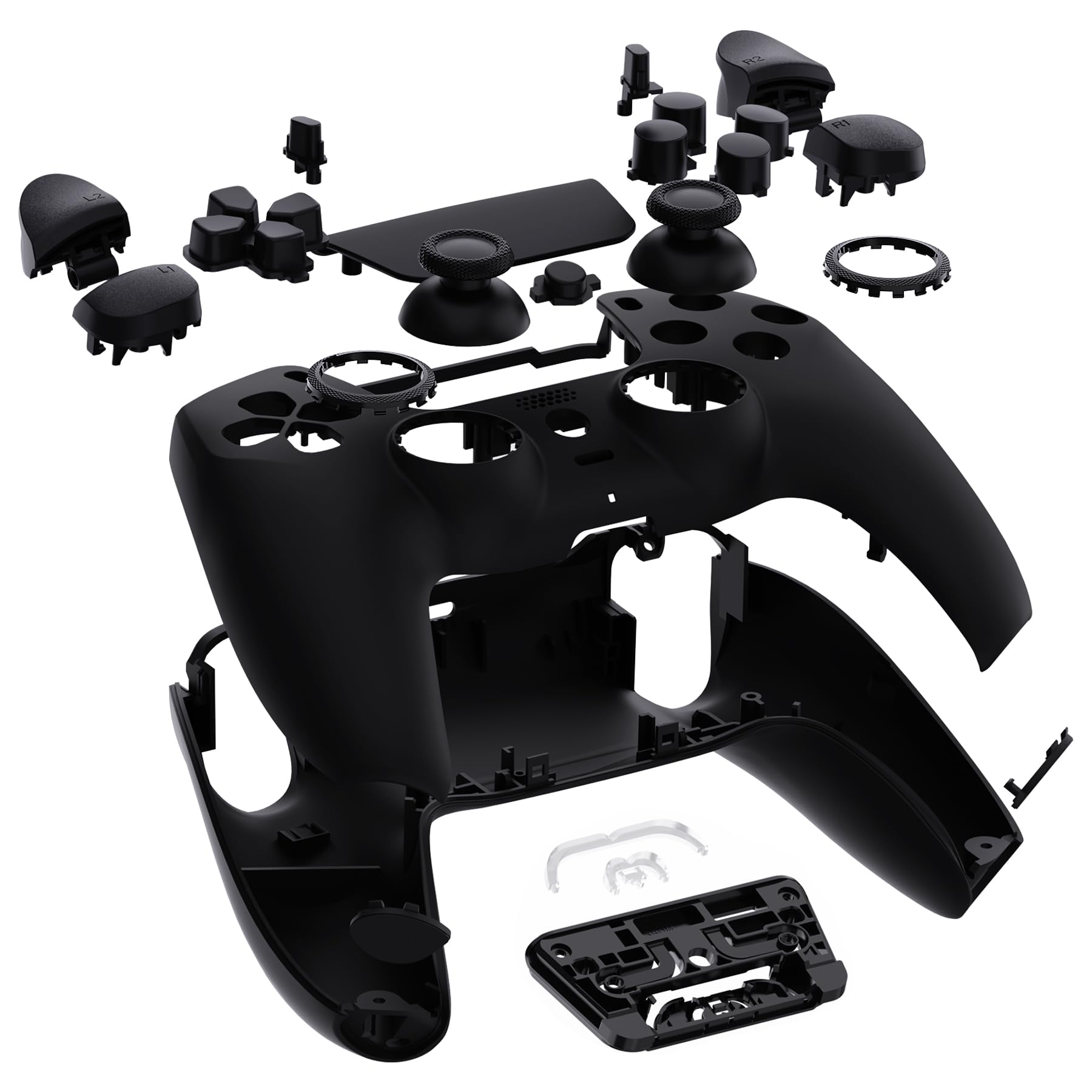eXtremeRate Luna Carcasa con Botones Completo Kit Compatible con ps5 BDM-030/040/050/060 Control Placa Delantera Touchpad Joysticks Teclas Cubierta Trasera Compatible con ps5 Mando (Negro)