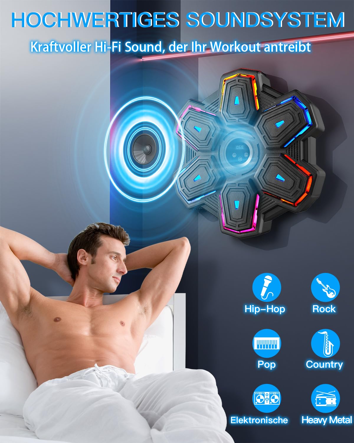 Music Boxing Machine, Cloudlike Weiche Ziele, 10 Geschwindigkeit und 9 Modi mit Boxhandschuh, LED-Licht mit Smart Bluetooth für Erwachsene und Kinder Übung