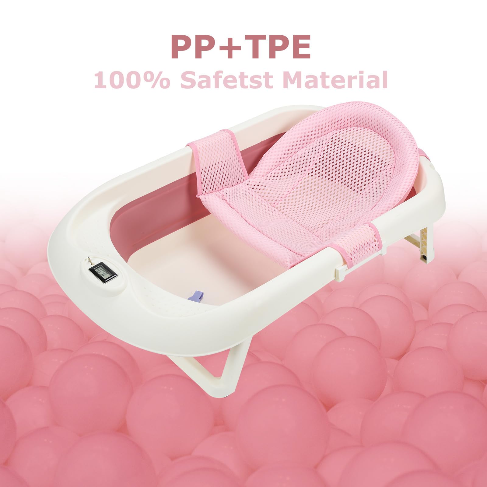 Bañera plegable para bebé de 50 l con inserto de baño, indicador de temperatura y tapón de agua que cambia de color, antideslizante y estable, color rosa